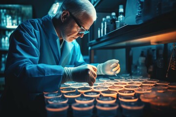 Poster - Scientist working with petri dishes in clinic laboratory. Medicine biology experiment liquid. Generate Ai