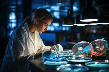 Poster - Scientist cute female working with petri dishes in laboratory. Work virus researcher. Generate Ai