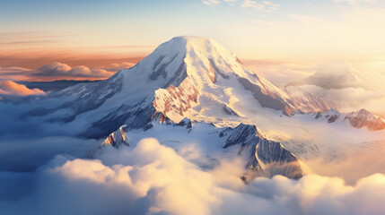 Cascade Range, Mount Rainier, breathtaking view from summit, clouds below peaks, glacier detail, early morning haze