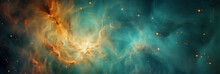 Orion Nebula In Full Bloom, Bright Core And Wispy Outer Edges, Teal And Gold Color Scheme, Cosmic Wonder