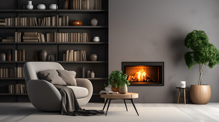 Barrel chair and round coffee table near grey corner fabric sofa against wall with fireplace and book shelves. Interior design of modern living room