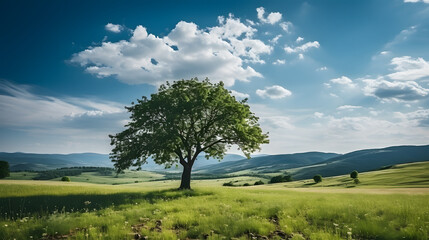 Wall Mural - Beautiful bright colorful summer spring landscape with lonely tree on field, fresh green grass on meadow and blue sky with clouds