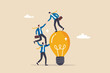 Help support team to success together, teamwork partnership to collaboration, leadership or manager to help employee reaching goal concept, businessmen help colleagues to climb up lightbulb idea.