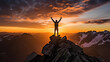 silhouette of a solo climber reaching the summit, arms raised in triumph, vibrant sunset in the background