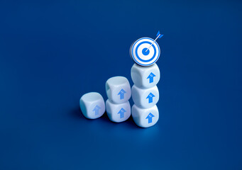 Poster - Goal and success. Arrow dart on 3d target icon on top of white cube blocks, bar graph steps with up arrows. Business growth process, development, leadership, marketing, economic improvement concepts.