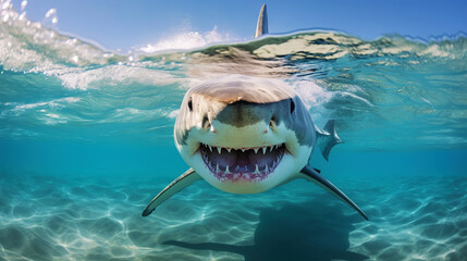 Shark swimming under sun rays in the blue ocean waters. Generative AI