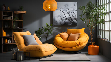 Wall Mural - Beige lounge chair near curved sofa with orange vibrant cushions and big ball pendant light. Minimalist home interior design of modern living room