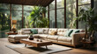 Beige velvet corner tufted sofa in room with wood paneling walls. Art deco style interior design of modern living room.