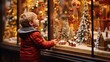 Little boy marveling at enchanting Christmas displays in a store window