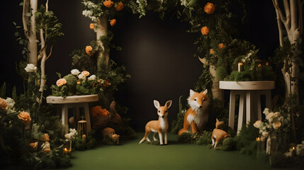 Whimsical woodland theme with animal decor and greenery garland