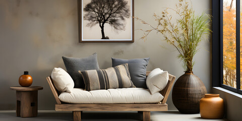 Wall Mural - Chaise longue with gray pillows and plaid near stucco wall with blank mockup poster frame. Boho interior design of modern living room