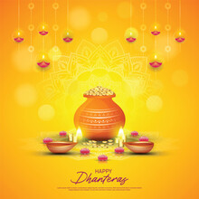 Happy Dhanteras - Poster Template Design With Gold Coin In Pot And Decorative Diya Lamp.