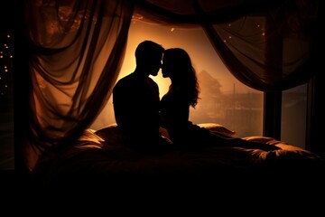 Silhouette of couple in bed at night time love erotic sunset. Male and female intimate evening pleasure. Generate Ai