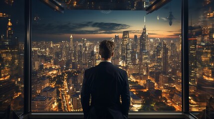 Canvas Print - Back view of businessman suit standing at office looking at night city through panoramic window