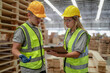 © Nassorn - Engineer team standing walking in warehouse examining hardwood material for wood furniture production. Technician man and woman working on quality control in lumber pallet factory. Worker check stock