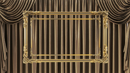 Wall Mural - 3D render of golden frame on a gold curtain silk background,