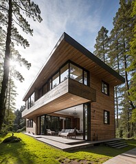 arafed house with a wooden exterior and a deck in the middle of the yard