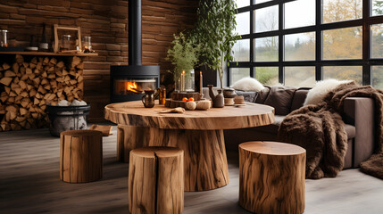 Handmade wooden log furniture, round dining table and stump stool. Rustic interior design of modern living room in country house