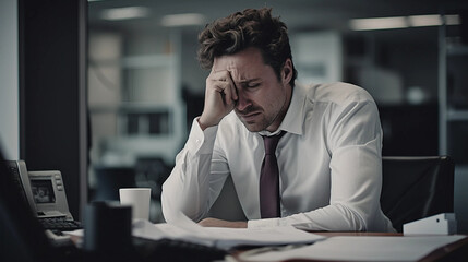 Wall Mural - business man at his desk having hard times 