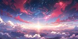 Fototapeta Kosmos - Colorful Starry Sky with Sunset Background in Anime Style