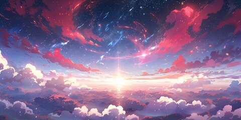 Colorful Starry Sky with Sunset Background in Anime Style