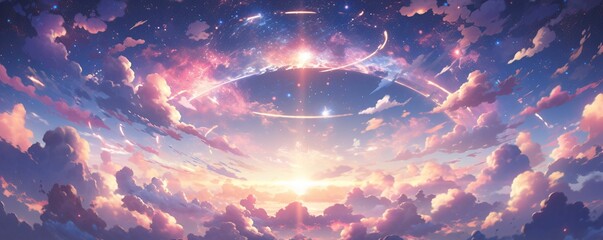 Wall Mural - Colorful Starry Sky with Sunset Background in Anime Style