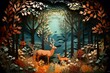 Autumnal forest paper-cut diorama with origami tree. Generative AI