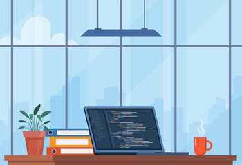 Poster - Laptop with cup of coffee and plant in pot. Workplace of coder, online programmer. Coding and programming. Workplace with modern interior, panoramic windows, cityscape behind. Vector illustration.