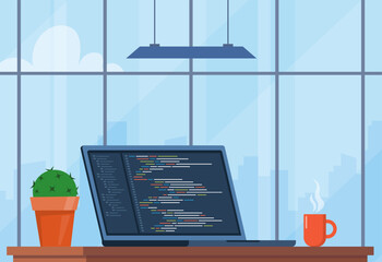 Poster - Laptop with cup of coffee and plant in pot. Workplace of coder, online programmer. Coding and programming. Workplace with modern interior, panoramic windows, cityscape behind. Vector illustration.