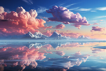 Poster - A panoramic shot of the Uyuni Salt Lake during the rainy season, when a thin layer of water covers the salt flats, creating a mirror-like reflection of the sky above.  