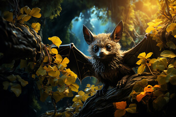 Leinwandbilder - A photograph of a bat in its natural habitat, surrounded by lush foliage or cave formations.  