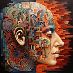 Aufkleber - A picture of an abstract human head, divided into segments, each depicting a different aspect of the mind's terrain, with intricate patterns and colors creating a harmonious visual balance.