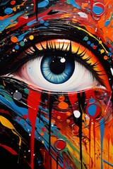 Poster - A close-up of an abstract human face, the eyes of which are depicted as portals to a cosmic landscape, emphasizing the connection between the human mind and the universe.