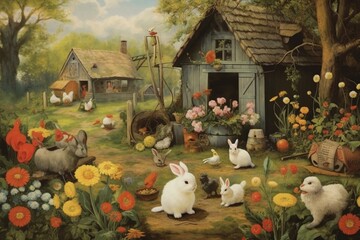 Wall Mural - Adorable garden scene featuring animals like rabbit, sheep, mouse, and chicks, with a cottage, fence, flowers, and a rabbit family. Generative AI