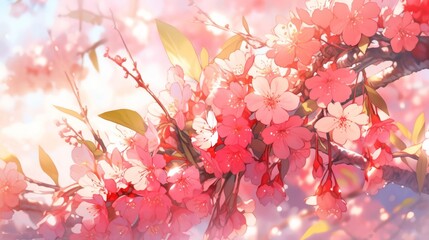  Delicate cherry blossoms bloom under a blue sky. Pink petals create a romantic Japanese garden scene. Celebrate the beauty of nature with this vibrant illustration. Perfect for backgrounds, banners, o