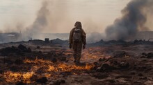 Scorched Earth After The End Of The World. Man In A Mask And Protective Suit