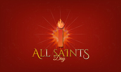 Wall Mural - All Saints' Day Greeting card banner. Candlelight with burst of light and gold All Saints day typographic design on red textured background. Celebrated November 1. Vector Illustration