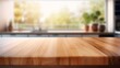 © AIExplosion - Empty wooden table for product display with a blurred modern kitchen background. Generative AI