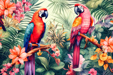 Illustration Of A Tropical Rainforest With Macaws