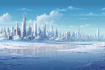 Wall Mural - illustration of a city view covered in snow