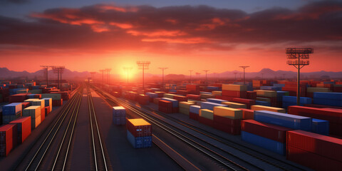 Wall Mural - A railway terminal with a vast array of shipping containers at dusk.