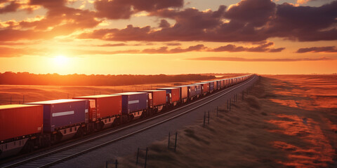 Wall Mural - A freight train carries containers at sunset.