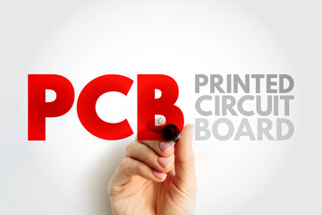 Poster - PCB Printed Circuit Board - laminated sandwich structure of conductive and insulating layers, acronym text concept background