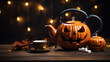 service à thé, théière et tasse sur le thème d'Halloween posé sur une table en bois dans une ambiance sombre et feutré