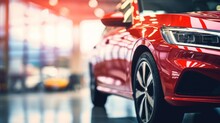 A blurred image of a new red car parked in a showroom at a car dealership.