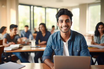 Wall Mural - Young college student using laptop, smiling