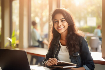 Wall Mural - Young college girl student using laptop