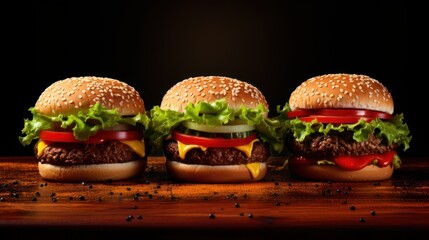 Wall Mural - Classic burgers isolated on dark background.