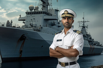 Wall Mural - Young indian confident ship captain standing in uniform