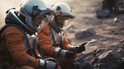 Canvas Print - two astronauts on an alien planet holding a mobile phone in their hands